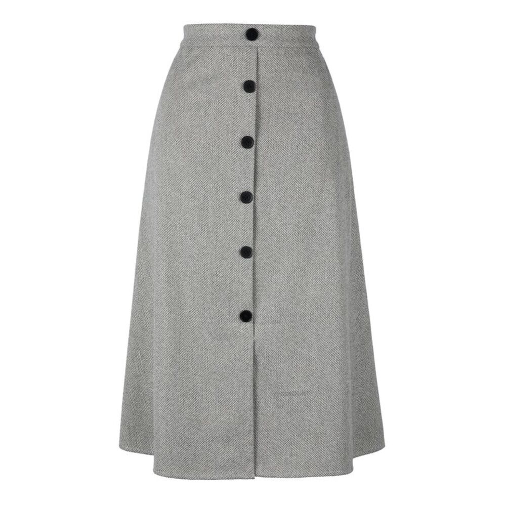 Women High Waist Herringbone A-Line Midi Skirts Grey